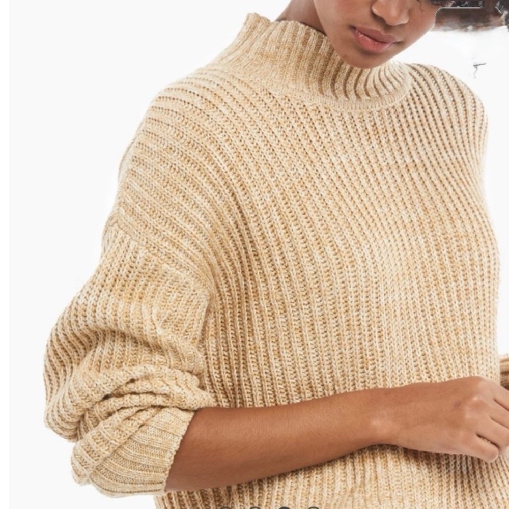 ABLE Organic Cotton Ribbed Mock Neck Sweater Small Oatmeal Chunky Knit